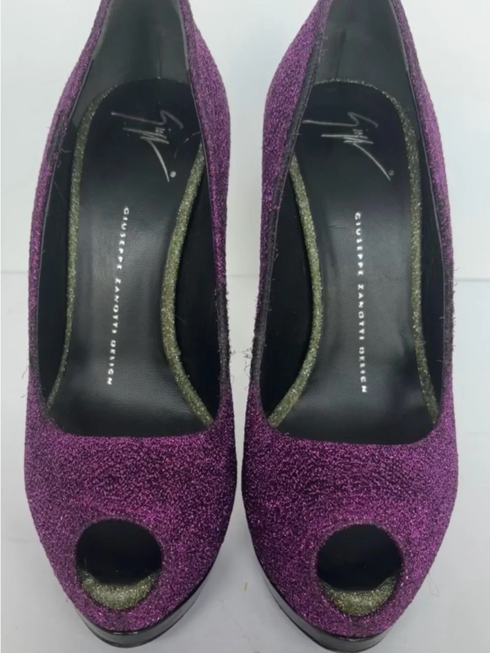 Giuseppe Zanotti Purple Glitter Peep-Toe Pumps with Gold Accents